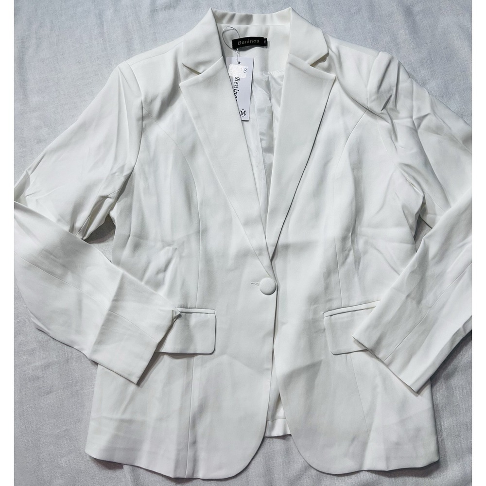 Beninos Business Casual Blazer Office Work White Solid Suit Jacket Sz M New